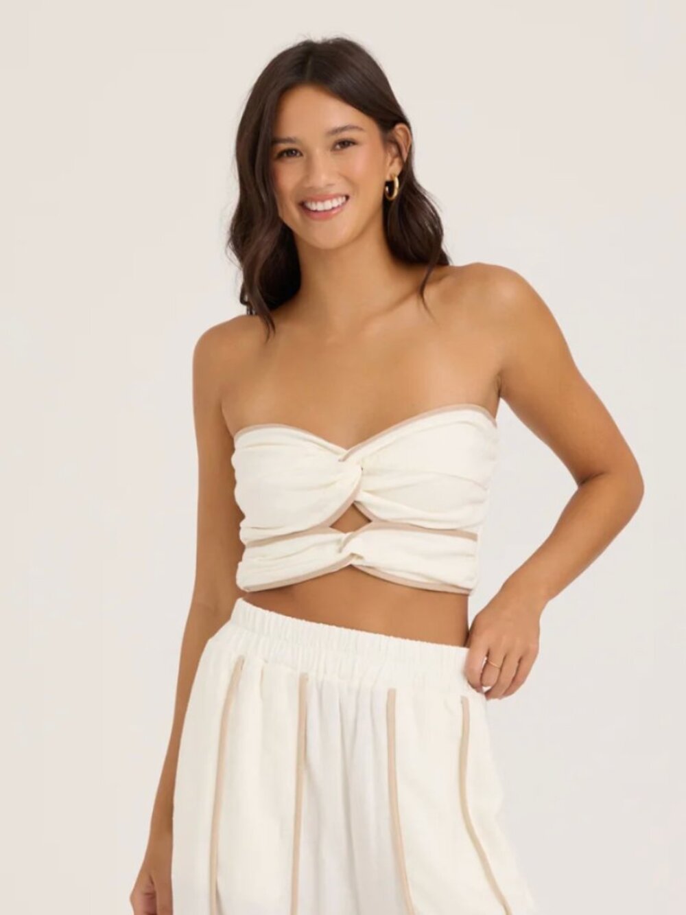 BRAND NEW OCEAN DRIVE Viscose Linen Twist Front Tube Top - White Tan